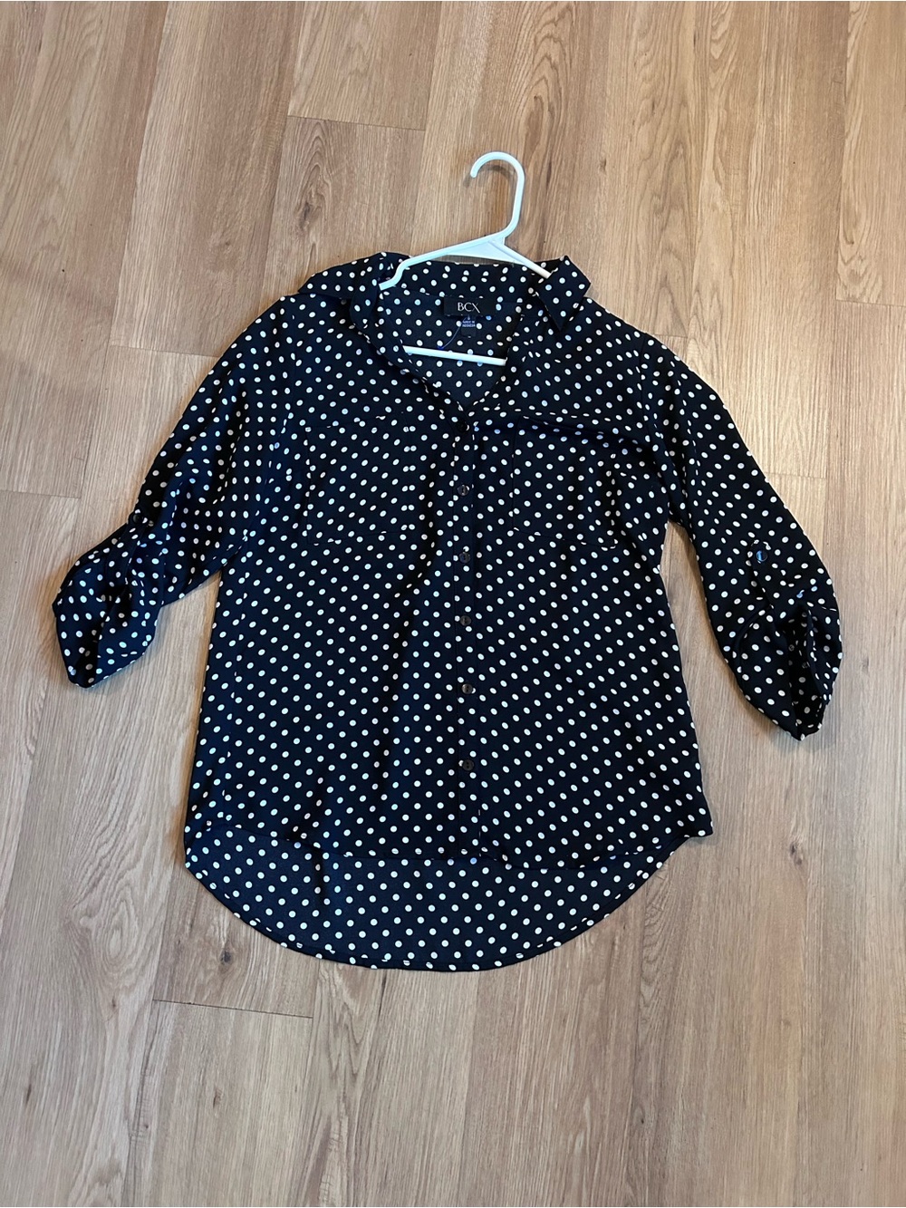 BCX Black Button-Down Blouse with White Polka Dots